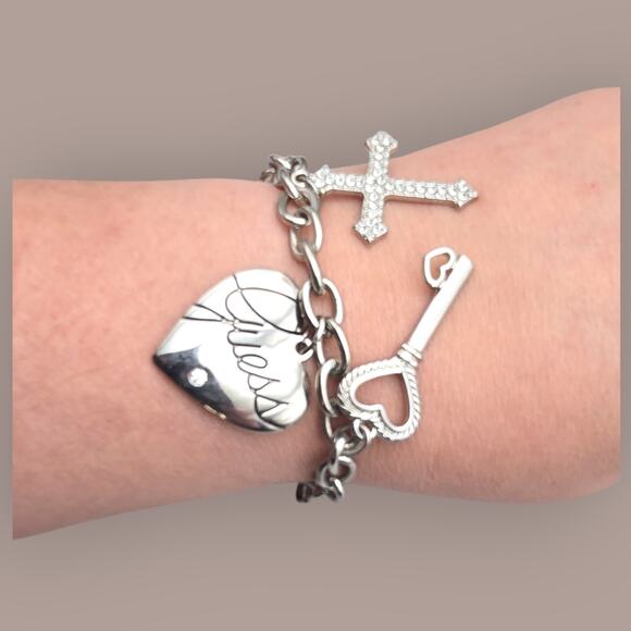 Guess Heart Key Cross Silver Charm Bracelet with Rhinestones - Picture 3 of 10